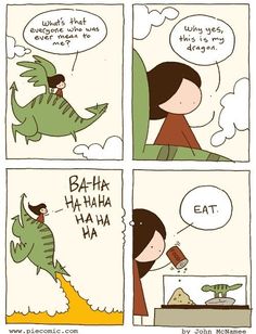 a comic strip with an image of a woman eating food and talking to a dinosaur