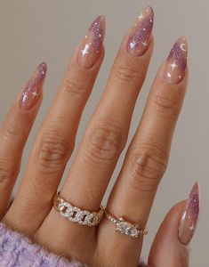 Sparkly Nail Designs, Cosmic Nails, Lilac Nails, Purple Acrylic Nails, Milky Nails, Purple Nail Designs, Nail Art Gel, Lavender Nails, Galaxy Nails