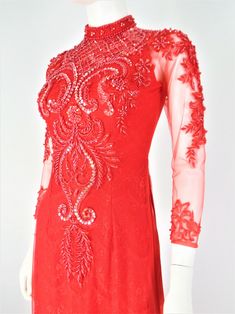 Áo Dài Ren Đỏ Cổ Tròn Kết Pha Lê. Fitted Long Sleeve Embellished Ao Dai, Embellished Fitted Long Sleeve Ao Dai, Red Long Embellished Dresses, Long Embellished Red Dresses, Long Red Embellished Dresses, Embroidered Long Sleeve Ao Dai For Party, Red Long Sleeve Ao Dai For Evening, Red Fitted Gown For Celebration, Long Sleeve Embellished Dress For Celebrations