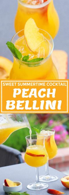 two glasses filled with peach bellini and garnished with mint