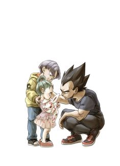 an anime character with two children and one is holding the child's hand up