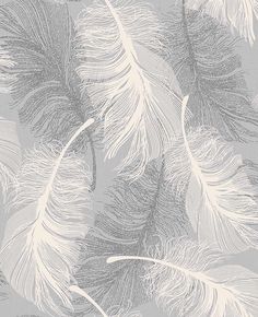 a grey and white wallpaper with feathers on it