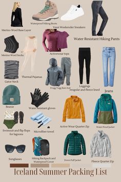 the iceland summer packing list is shown