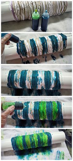 the process of painting rolled up paper rolls with green and blue paint on them is shown