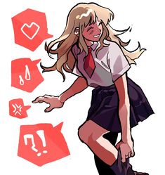 a drawing of a girl in school uniform with question marks above her head and symbols around her