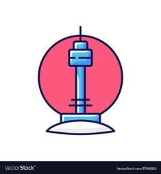 a pink and blue object with a tall tower in the center on a white background