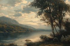 a painting of a lake with mountains in the background and clouds in the sky above