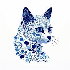 a blue and white cat with floral designs on it's face, looking to the side