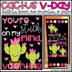 two valentine's day cards with cactus sayings and pink hearts on black background