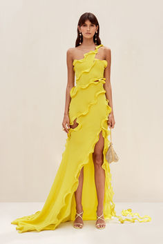 Introducing the Micola Gown. Shop now. Wedding Lunch Outfit Guest, Resort Wedding Guest Attire, Classy Cocktail Dress, Yellow Long Dress, Vacation Fits, Cruise Fashion, Resort Chic, Resort Wear For Women, Look Formal