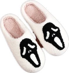 White Flat Slippers For Winter, White Flat Winter Slippers, White Winter Slippers With Rubber Sole, Halloween Slippers, Horror Genre, Comfy Slippers, Pink Skull, Soft Slippers, Ghost Faces