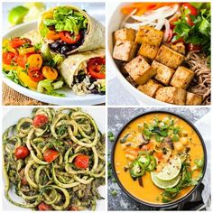 six different pictures of food including pasta, salad and tofu