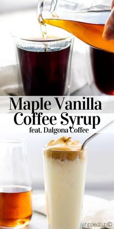 maple vanilla coffee syrup is being poured into a tall glass with the liquid in it