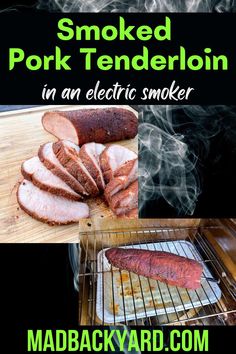 smoked pork tenderies in an electric smoker with text overlay that reads smoked pork tenderie in an electric smoker