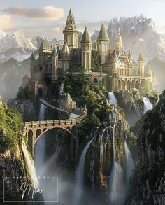 a castle on top of a waterfall with a bridge over it and mountains in the background