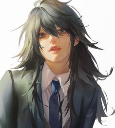 an anime character with long black hair wearing a suit and tie, looking at the camera