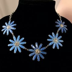 Color Necklace 18" Silver-Tone Blue Flowers Thank You For Looking! Elegant Blue Flower-shaped Necklace, Elegant Blue Flower Shaped Necklace, Blue Flower-shaped Jewelry With Flower Charm, Blue Flower Shaped Necklace Gift, Elegant Blue Flower Necklace, Blue Flower Necklace For Gifts, Blue Flower Charm Necklace As Gift, Adjustable Blue Flower Pendant Necklace, Blue Adjustable Flower Necklace For Gift