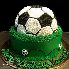 a soccer themed birthday cake with green frosting and black and white decorations on top