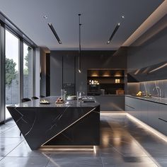 a modern kitchen with black marble counter tops and stainless steel appliances, along with floor to ceiling windows