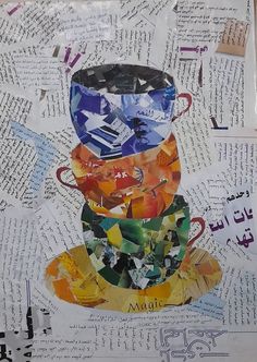 a collage of coffee cups on top of each other with words written all over them