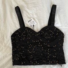 New With Tags! Zara Beaded Bustier Style Tank Black And Gold Beading Side Zipper Size Medium Beaded Bustier, White Halter Crop Top, Crochet Floral Top, Basic Blouses, Zara Gold, Candy Decorations, Zara T Shirt, Linen Tank Top, Linen Tank