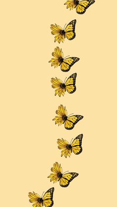 several yellow butterflies flying through the air on top of a light brown background with black dots