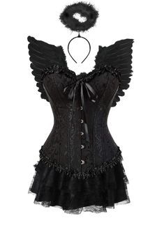 a woman wearing a black corset with wings