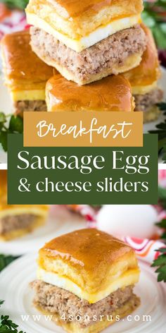 breakfast sausage egg and cheese sliders are stacked on top of each other with the title above it