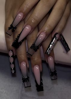 #blacknails #coquette #nailart #blacknails #summer2024 #black #nailsofinstagram #longnails #squarenails #coquette Nail Art Designs Coquette, Black Cute Acrylic Nails, Nails Acrylic Design 2024, Black And White Acyrilics Nails, Black Nail Acrylic Designs, Emo Coquette Nails, Nail Designs 2024 Summer, Nail Inspiration Black Women, Acrylic Black Nails Designs