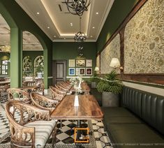 a restaurant with green walls and wooden tables