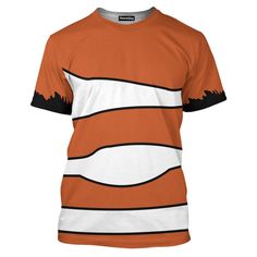 an orange and white t - shirt with black stripes on the chest, front and back