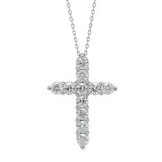 Let your spirituality sparkle with this beautiful diamond cross pendant necklace. Diamonds, prong set in a classic cross pattern, dazzle with their ethereal brilliance for a meaningful display of your faith. - Eleven diamonds are finely cut for brilliance, near colorless, prong set and weigh 2ct tw - Diamonds are certified to be ethically and responsibly sourced - Cross necklace is crafted of fine quality 14 karat white gold for a lifetime of wear - Cross measures 1" long x .80" wide - Chain adj Diamond Cross Necklace, Diamond Cross Pendants, Diamond Cross, Cross Patterns, Cross Pendant Necklace, Cross Pendant, Prong Setting, Diamond Jewelry, Cross Necklace