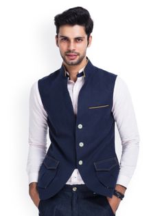 MR BUTTON Men Navy Linen Nehru Jacket Indian Engagement Outfit, Mr Button, Indian Engagement, Restaurant Uniforms, Groom Wedding Attire, Man Dressing Style, Jacket Collection, Waist Coat, Engagement Outfit