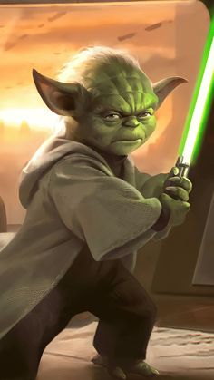 an image of yoda from star wars holding a light saber in his right hand