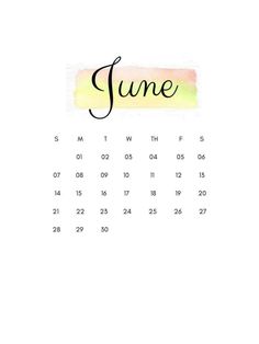 a calendar with the word june written in black and yellow ink on it, against a white background