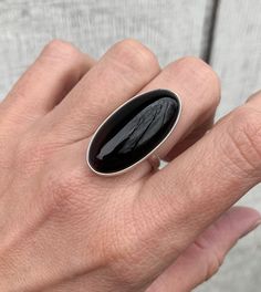 Long Oval Black Agate Sterling Silver Ring | Edgy Ring | Black Stone Ring | Boho Ring | Minimalist Ring | Gifts for Her by GildedBug on Etsy Minimalist Oval Onyx Jewelry, Minimalist Black Oval Rings, Modern Black Oval Cabochon Jewelry, Minimalist Onyx Oval Ring, Black Oval Minimalist Jewelry, Edgy Rings, Ring Black Stone, Black Stone Ring, Ring Gifts