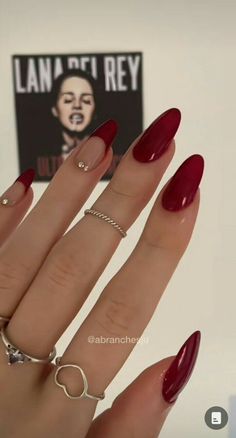 Red Fake Nails Designs, Red Nail Designs With Gems, Red Prom Nails Almond, Cherry Red Nails Design, Red Nails Design Ideas, Nails Wine Red, Nail Ideas Red, Gala Nails