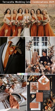 an orange and black wedding color scheme is featured in the magazine, which features photos from different