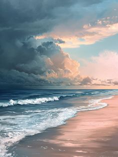 a painting of clouds over the ocean and beach