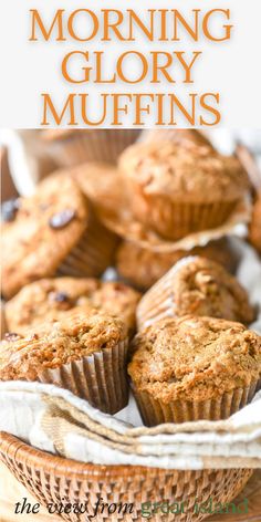 a basket filled with muffins sitting on top of a table