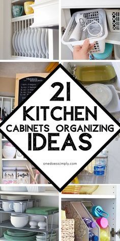 the kitchen cabinets are organized and organized with baskets, dishes, and utensils