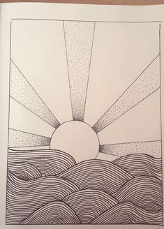 a drawing of the sun rising over water with waves and dots on it's surface