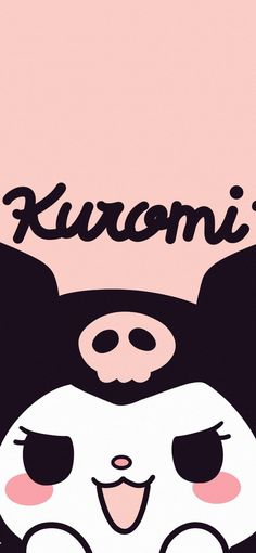 an animal with the word kuromi on it's face and eyes, in front of a pink background