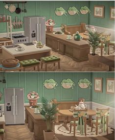 two pictures of the same kitchen and dining room in different stages of being painted green