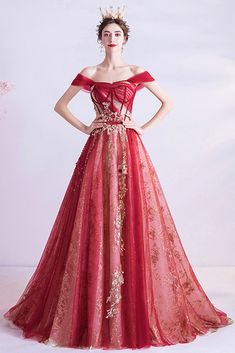 Red And Gold Prom, Red And Gold Prom Dress, Gold Formal Gown, Patty Dress, Short Sleeve Prom Dresses, Gold Prom Dress, Gaun Abad Pertengahan, Queen Summer, Tiered Prom Dress