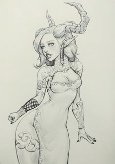 a drawing of a woman with tattoos on her arm