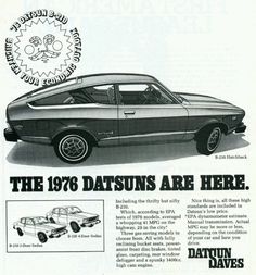 an advertisement for the 1970 datsuns are here