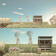 an animated scene with farm animals and windmills in the background, two separate images