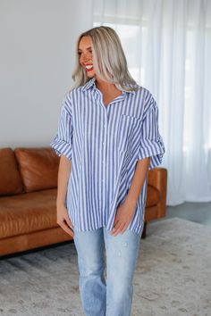 Carleton Striped Button Down Oversized Striped Button-up Blouse, Striped Oversized Button-up Blouse, Oversized Striped Top With Button Closure, Oversized Striped Tops With Buttons, Comfy Sandals, Stylish Sandals, Stylish Boots, Outfit Combinations, Slate Blue