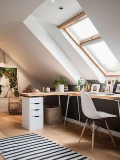 there is a desk and chair in the room with skylights on top of it